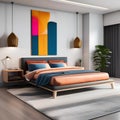 A modern bedroom with a platform bed, sleek furniture, and pops of vibrant color1