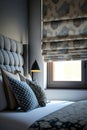Modern bedroom with prettily patterned Roman shades. Generative AI Royalty Free Stock Photo