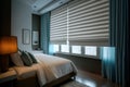 Modern bedroom with striped Roman shades curtains. Royalty Free Stock Photo