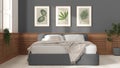 Modern bedroom in white and gray tones. Bed, wooden wall panel with pictures, potted plants and parquet. Country house concept Royalty Free Stock Photo