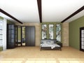 Modern Bedroom whith Green Walls, Marble Inlays with a Decorative Hanging Pano