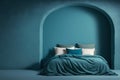 Modern bedrroom with monochrome dusty blue empty wall. Contemporary interior design with trendy wall color. Generative AI Royalty Free Stock Photo
