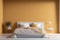 Modern bedrroom with monochrome pastel yellow empty wall. Contemporary interior design with trendy wall color and bed. Generative Royalty Free Stock Photo