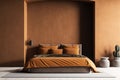 Modern bedrroom with monochrome textured brown empty wall. Contemporary interior design with trendy wall color and bed. Generative Royalty Free Stock Photo