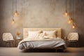 Modern bedrroom with monochrome textured neutral color empty wall. Contemporary interior design with trendy wall color and bed Royalty Free Stock Photo