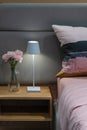 Modern bedside table bed lamp in cozy bedroom with pink carnations flowers in a glass bottle and modern fabric pillows interior Royalty Free Stock Photo