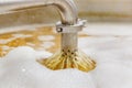 Modern beer plant brewery , with brewing kettles, vessels, tubs and pipes made of stainless steel, in a beer plant in Royalty Free Stock Photo