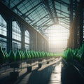 Modern Beer Or Wiskey Brewery Factory, Large Metal Hangar Interior, Windows With Sun Rays, Dust, Generative AI Royalty Free Stock Photo