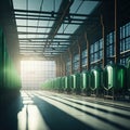 Modern Beer Or Wiskey Brewery Factory, Large Metal Hangar Interior, Windows With Sun Rays, Dust, Generative AI Royalty Free Stock Photo