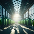 Modern Beer Or Wiskey Brewery Factory, Large Metal Hangar Interior, Windows With Sun Rays, Dust, Generative AI Royalty Free Stock Photo