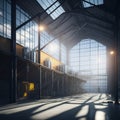 Modern Beer Or Wiskey Brewery Factory, Large Metal Hangar Interior, Windows With Sun Rays, Dust, Generative AI Royalty Free Stock Photo