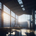 Modern Beer Or Wiskey Brewery Factory, Large Metal Hangar Interior, Windows With Sun Rays, Dust, Generative AI Royalty Free Stock Photo