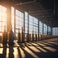 Modern Beer Or Wiskey Brewery Factory, Large Metal Hangar Interior, Windows With Sun Rays, Dust, Generative AI Royalty Free Stock Photo