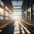 Modern Beer Or Wiskey Brewery Factory, Large Metal Hangar Interior, Windows With Sun Rays, Dust, Generative AI Royalty Free Stock Photo