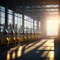 Modern Beer Or Wiskey Brewery Factory, Large Metal Hangar Interior, Windows With Sun Rays, Dust, Generative AI Royalty Free Stock Photo
