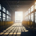 Modern Beer Or Wiskey Brewery Factory, Large Metal Hangar Interior, Windows With Sun Rays, Dust, Generative AI Royalty Free Stock Photo