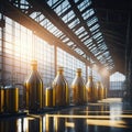 Modern Beer Or Wiskey Brewery Factory, Large Metal Hangar Interior, Windows With Sun Rays, Dust, Generative AI Royalty Free Stock Photo