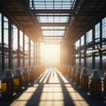 Modern Beer Or Wiskey Brewery Factory, Large Metal Hangar Interior, Windows With Sun Rays, Dust, Generative AI Royalty Free Stock Photo