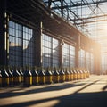 Modern Beer Or Wiskey Brewery Factory, Large Metal Hangar Interior, Windows With Sun Rays, Dust, Generative AI Royalty Free Stock Photo