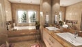 Modern beige bathroom with two sink and big mirror 3D illustration