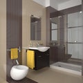Modern beige bathroom with wood furniture