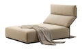 Modern beige fabric upholstery chaise longue with backrest and throw plaid. 3d render