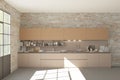 Modern beige kithen in brick loft interior