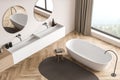 Modern beige panoramic bathroom with two round mirrors. Top view