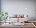 Modern beige sofa living room, floor lamp Royalty Free Stock Photo