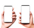 Modern bezelless smartphones in hands