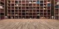 Modern big library design, wooden bookshelf realistic 3D rendering Royalty Free Stock Photo