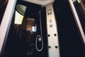 Modern and big shower cabin in bathroom corner. Royalty Free Stock Photo