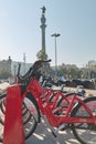 Modern bikes to rent in a Barcelona bike station in Spain in a sunny day