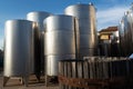 Modern bio wine production factory in Italy, inox steel tanks us