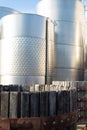 Modern bio wine production factory in Italy, inox steel tanks us