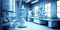 Modern biological or biochemical laboratory interior. Clean blue atmosphere. Generative AI