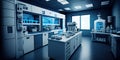 Modern biological or biochemical laboratory interior. Clean blue atmosphere. Generative AI