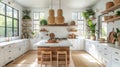 A modern, biophilic design kitchen with delightful blend of rustic charm: white cabinetry, central island, wooden stools Royalty Free Stock Photo