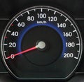 Modern black automobile dashboard with speedometer. Speeding and power concept.