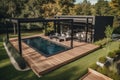 Modern black bioclimatic pergola with view on an outdoor patio.