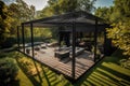 Modern black bioclimatic pergola with view on an outdoor patio.