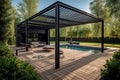 Modern black bioclimatic pergola with view on an outdoor patio.