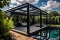 Modern black bioclimatic pergola with view on an outdoor patio.