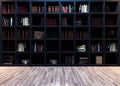 Modern black bookshelf with wooden parquet 3D rendering Royalty Free Stock Photo