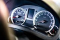 Modern black car dashboard. Speed display panel