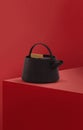 Modern black cast iron teapot with colorful minimalist background red, art set for tea time. 3d rendering