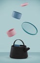 Modern black cast iron teapot with levitation cups, artistic colors background set, art set for tea time. 3d rendering
