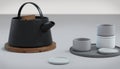 Modern black cast iron teapot and tea cups and a minimalist table white. side view, set for tea time. 3d rendering