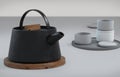 Modern black cast iron teapot and tea cups and a minimalist table white. side view, set for tea time. 3d rendering Royalty Free Stock Photo