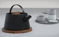 Modern black cast iron teapot and tea cups and a minimalist table white. side view, set for tea time. 3d rendering